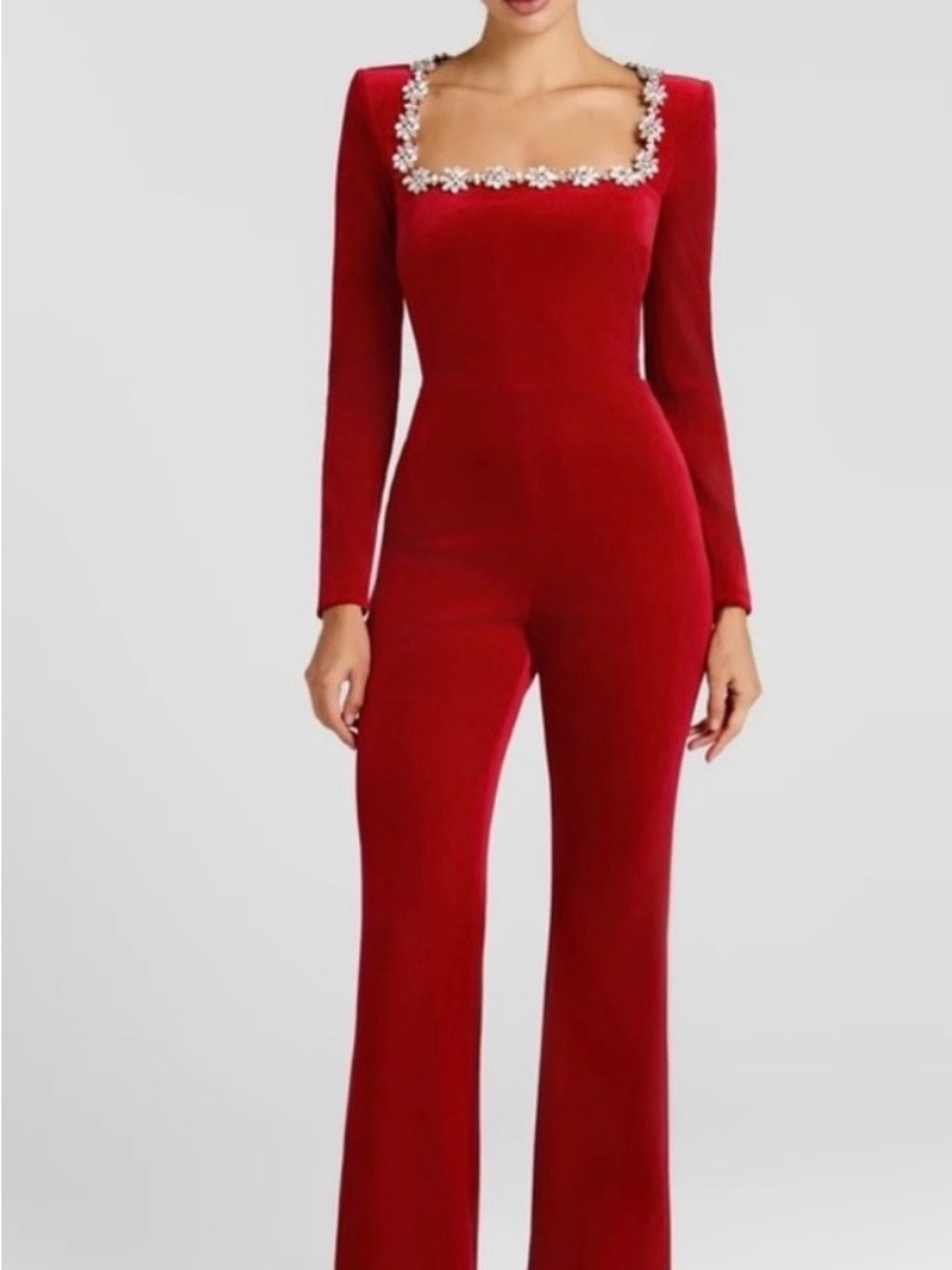 NADINE MERABI Red Square-Neck Embellished Long-Sleeve Jumpsuit